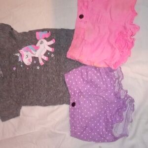 18 months mix and match unicorn onesie, pink shorts and purple polka dot shorts